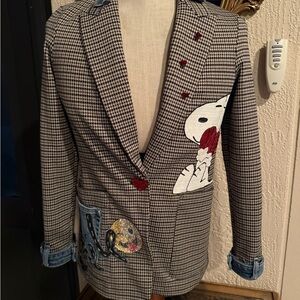 H&M Black and White Checkered Blazer with Denim Accents